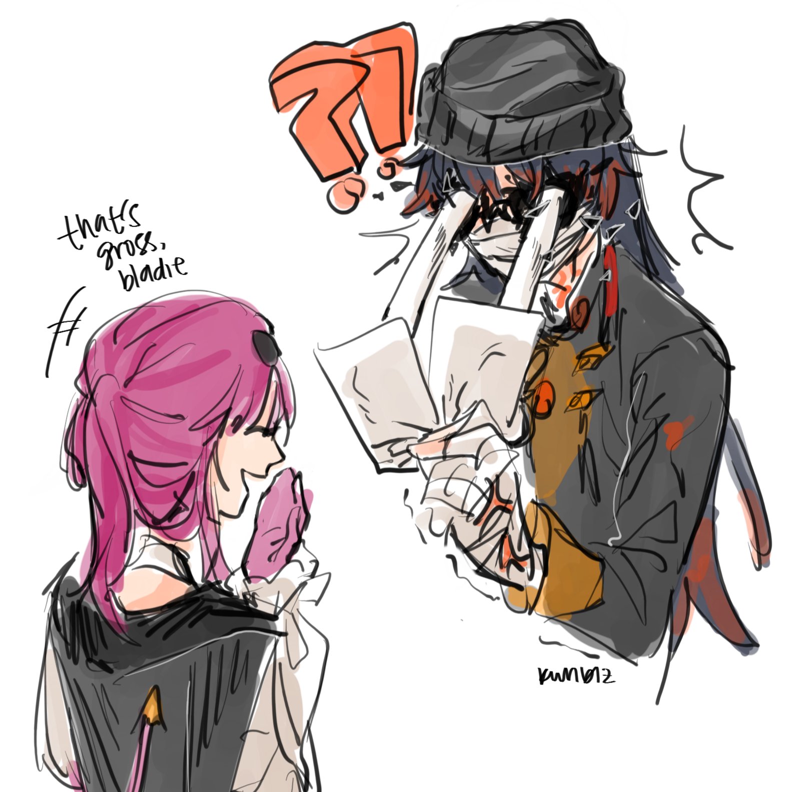 the image is a digital illustration of two anime characters. the character on the left is a girl with pink hair and black eyes, she is wearing a black and white dress with a white collar. she is smiling and looking to the right. the character on the right is a boy with black hair and black eyes, he is wearing a black coat with a yellow collar and a white shirt. he is wearing a black hat with a red band. he is looking at a piece of paper that he is holding in his hands and he is shocked. he is wearing a white bandage on his right eye. the background is white. there is a red question mark in the top right corner of the image. there is also a text bubble above the girl that says "that's gross, bladdie".  the overall style of the illustration is a cartoon style, with exaggerated features and poses. the image is full of energy and humor, and it is likely to be enjoyed by fans of anime and manga.