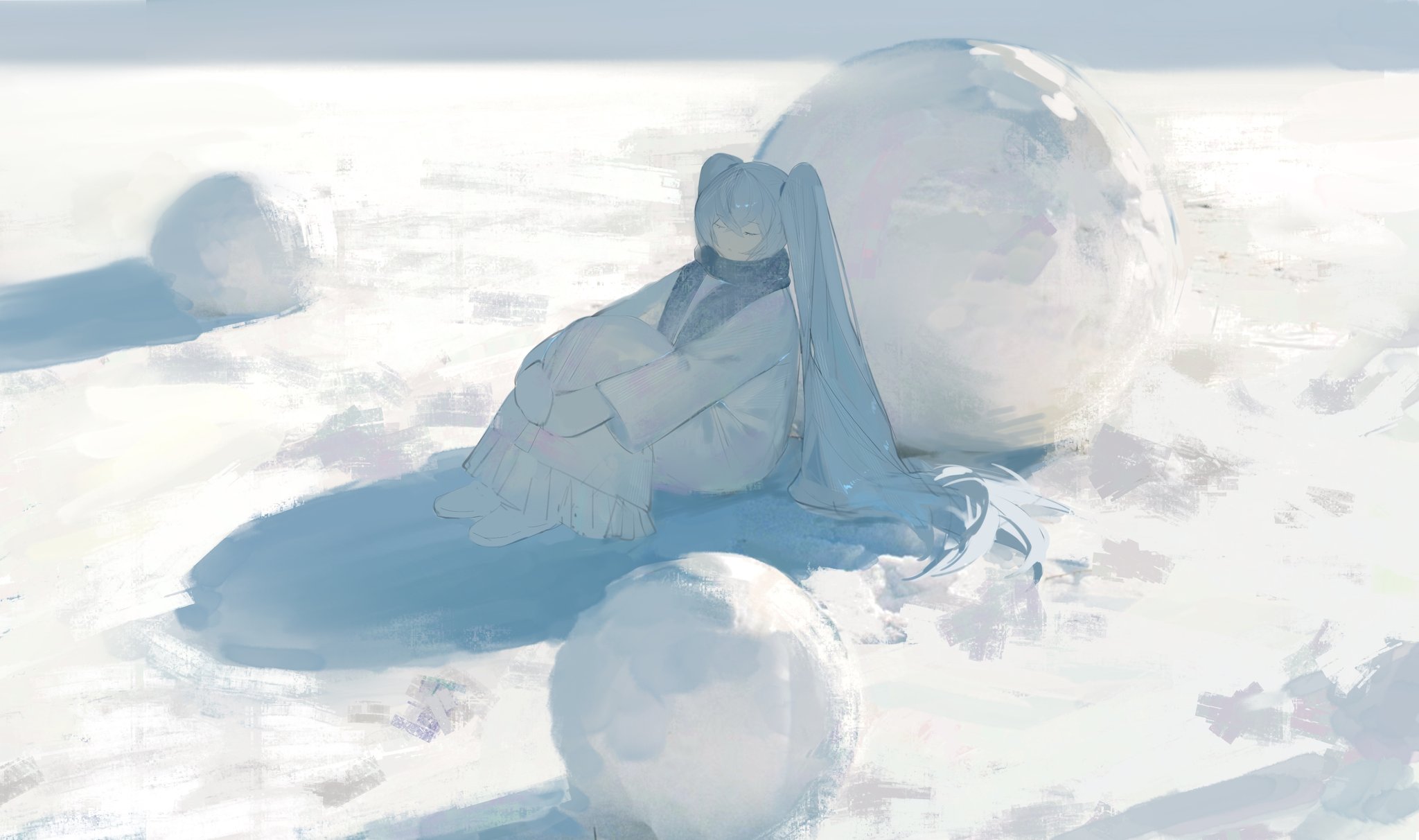 the image is a digital painting depicting an anime girl with long, light blue twintails sitting in a snowy landscape. she is wearing a lightcolored coat and scarf.  around her are several large snowballs. the overall style is soft and dreamlike, with pastel blues and whites dominating the color palette. the painting conveys a sense of peace and solitude. the girl appears calm and contemplative, almost lost in thought in the serene winter scene. the style is reminiscent of soft, painterly digital art, with visible brushstrokes contributing to the dreamy, atmospheric feel.
