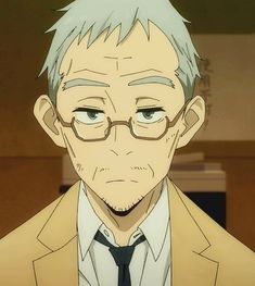 a headshot illustration of an older man with grey hair, wrinkles, and stubble. he wears round glasses and a concerned or serious expression. he's wearing a light brown/tan suit jacket and a white collared shirt with a dark tie. the background is a tan color, out of focus and nondescript.  the style appears to be anime or cartoon.