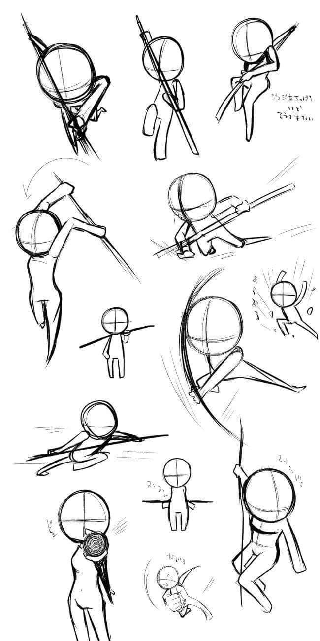 the image contains a series of sketches of chibi anime figures in various poses. each figure has an exaggerated head and large eyes, which are characteristic of the chibi style. some figures are holding weapons, while others are simply posing.  the image may be a reference for artists who are learning to draw chibi characters.