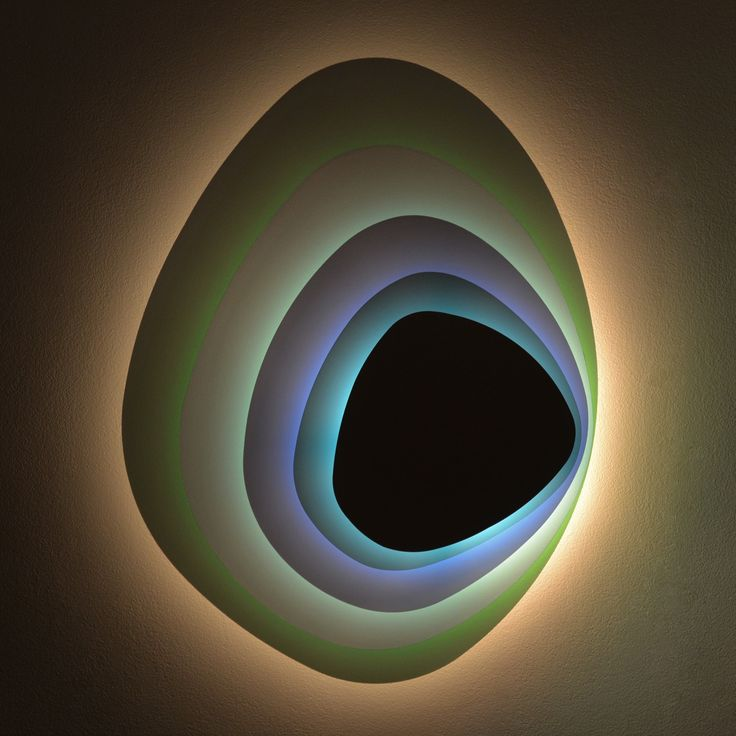 the image showcases a modern wall light fixture with an abstract design. the fixture features a layered, oval shape with a central void, creating a captivating visual effect. the layers exhibit a gradient of colors, transitioning from a soft green to a serene blue, while an internal light source illuminates the fixture, casting a warm and inviting glow.