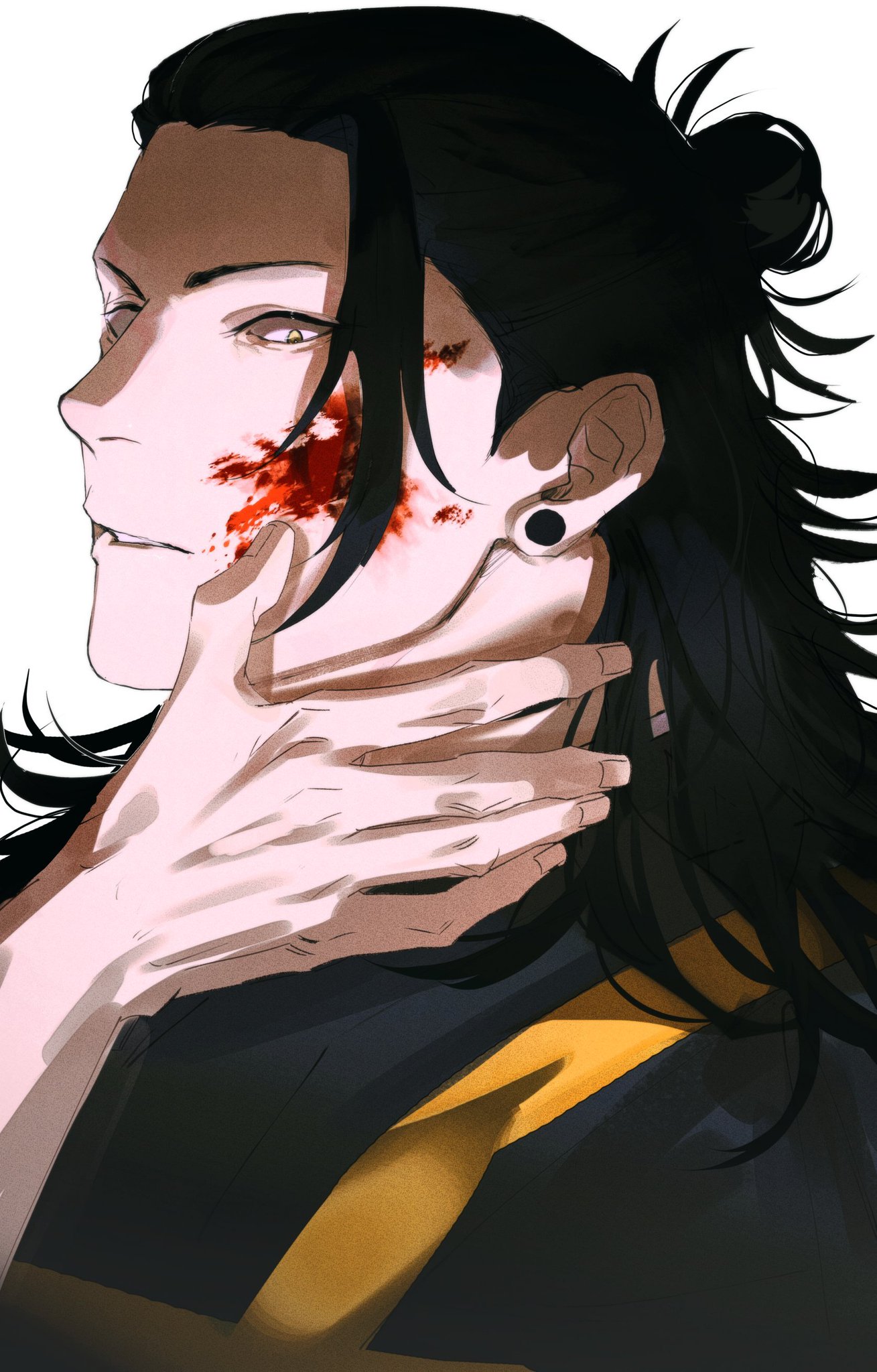 this is an anime illustration of a male character with long black hair that is pulled back into a ponytail, the man has a somber and serious expression and appears to be injured as he has blood on his face and neck. he has a dark and mysterious look and seems to be in a lot of pain. the character is dressed in a black shirt with a yellow stripe.