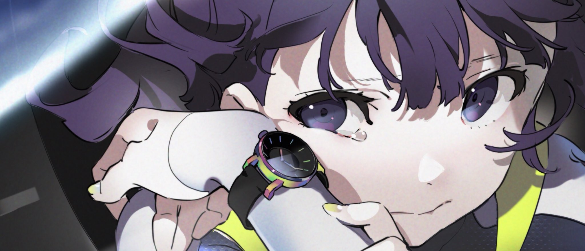 a closeup illustration of a young anime girl with short dark purple hair and purple eyes filled with tears. she is wearing a white and yellow shirt. she is holding what appears to be a watch with a black face and colorful bands on her left wrist. the background is a blurry white and blue.