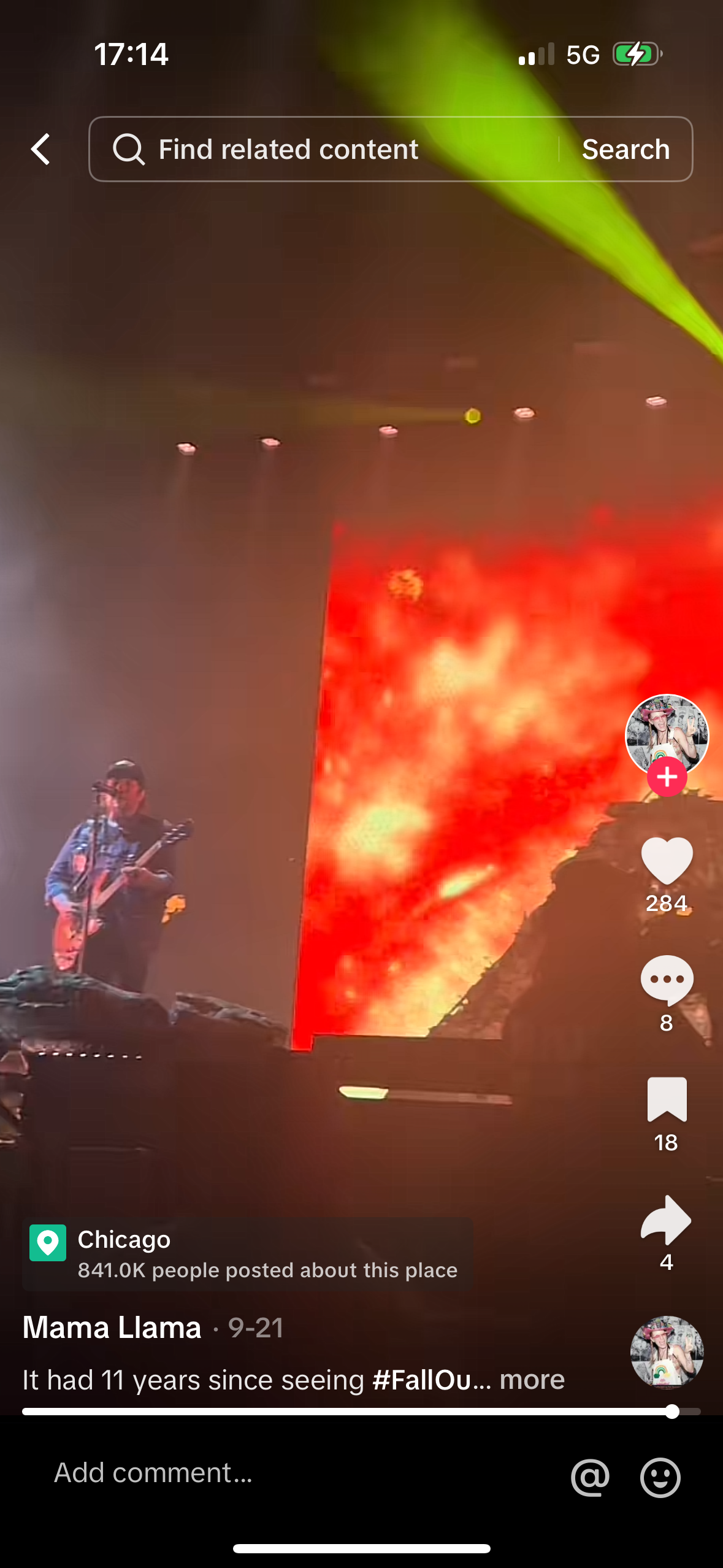 this image is from a concert featuring the band mama llama,  it is a live concert with lights illuminating the stage and the crowd in the background. there is a guitar player from the band in the foreground.  the screen reads "mama llama" and "921", possibly the date of the event.  the post caption mentions 11 years since seeing "fall out boy"  which is a popular band.
