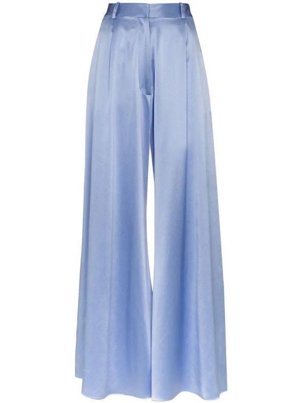 a pair of light blue, silk trousers with a wide leg, high waisted, and straight leg design.