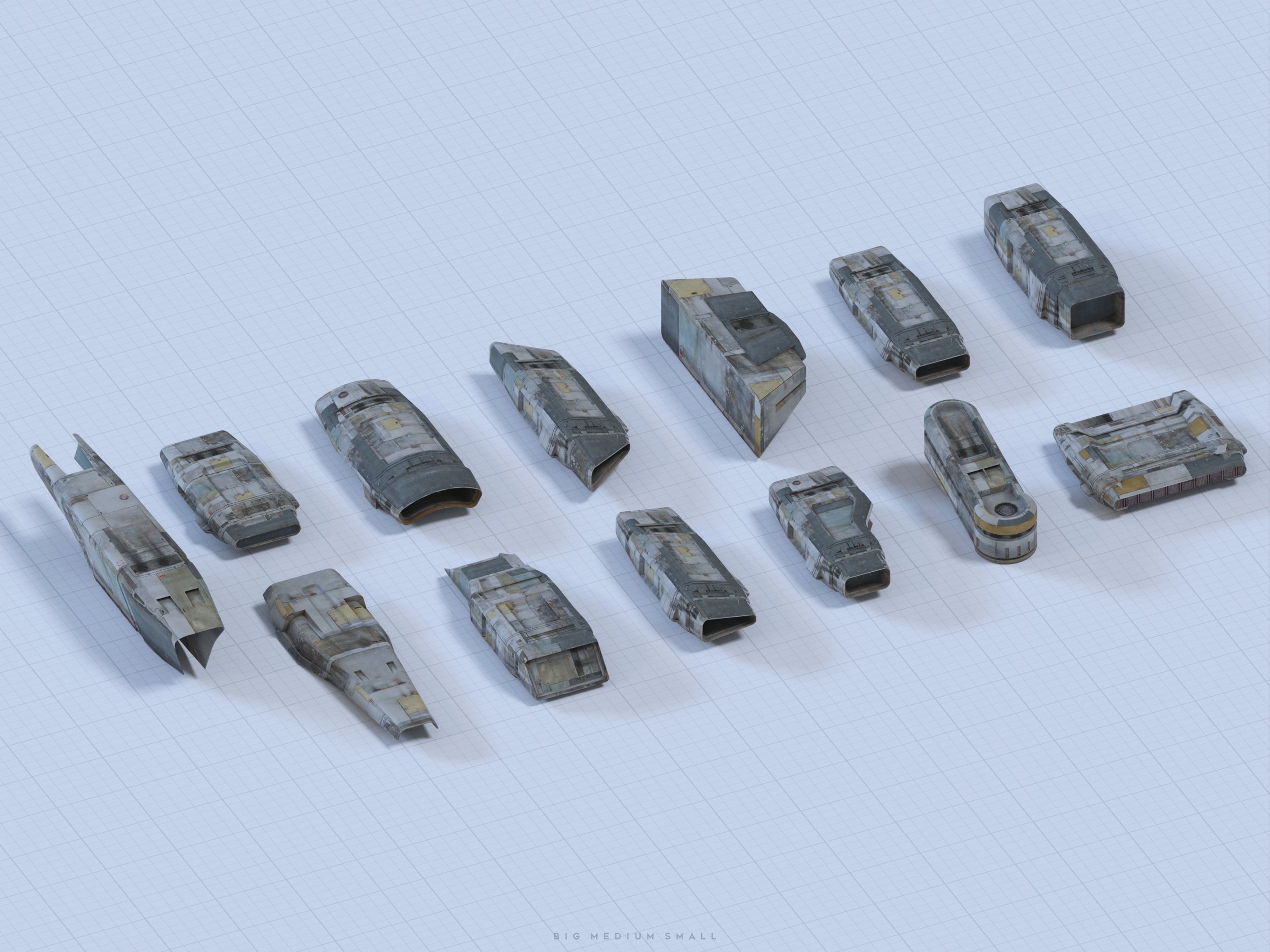 the image shows a collection of various sized spaceship components, ranging from small to large.  they are presented in an isometric view on a gridded background, resembling a blueprint or technical drawing. the components are grey with weathered appearances, suggesting they might be salvaged or from a damaged ship.  the parts are laid out to suggest they could be assembled into a larger starship.  a label at the bottom reads "big medium small" indicating the relative sizes. the overall style evokes a sense of scifi, possibly related to a model kit or a digital asset for a game.