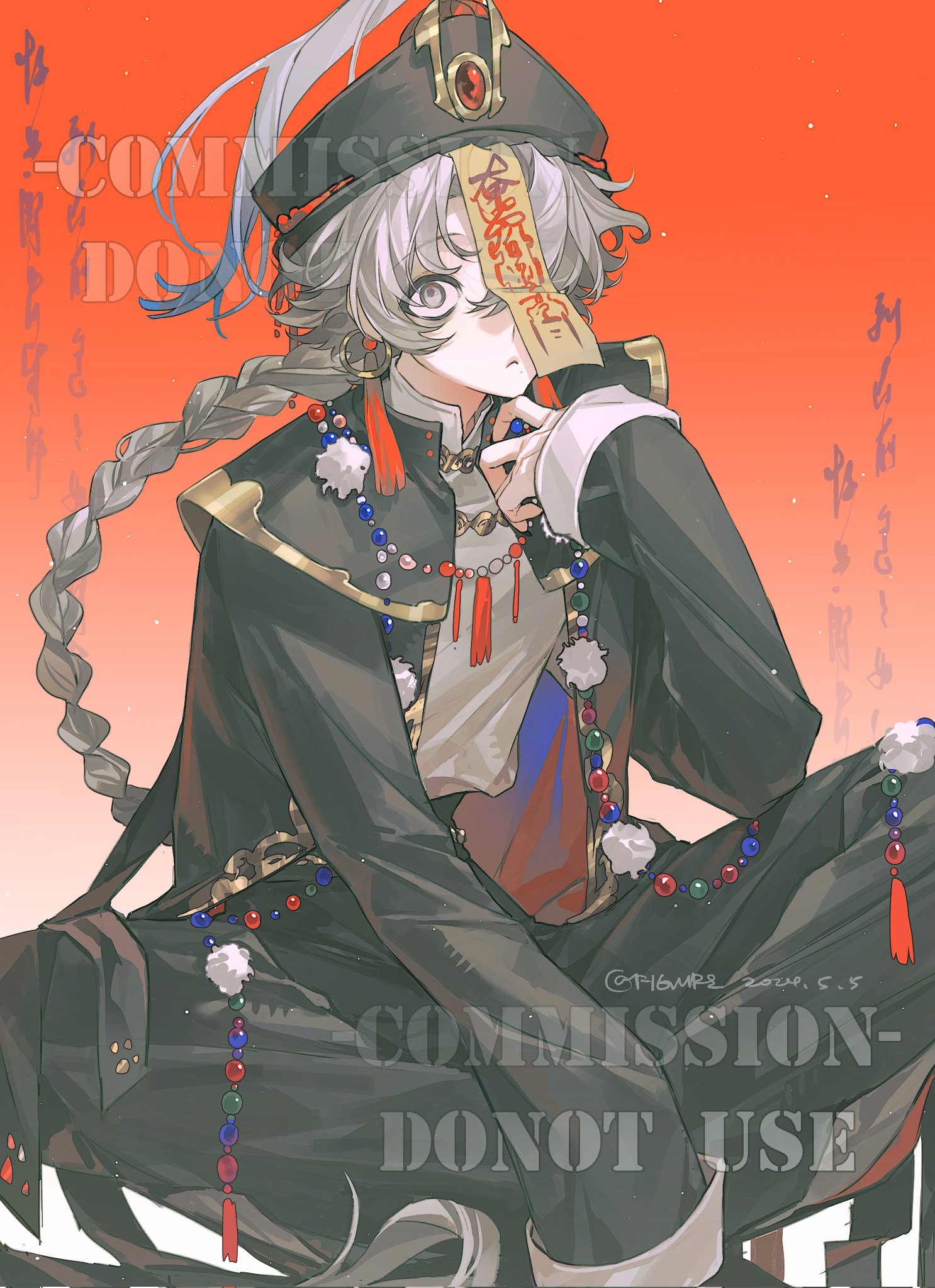 the image features an animestyle illustration of a young man in what appears to be traditional asian clothing. the character has light grey hair, styled in a braid, and is wearing a hat with an emblem on it. a small piece of paper with asian script is placed over his eye. he is dressed in a darkcolored formal outfit adorned with beads and tassel accents. the background is a gradient of red. the words "commission  do not use" are overlaid on the image, along with the artist's handle "@146mrs" and the date "2020.5.5."