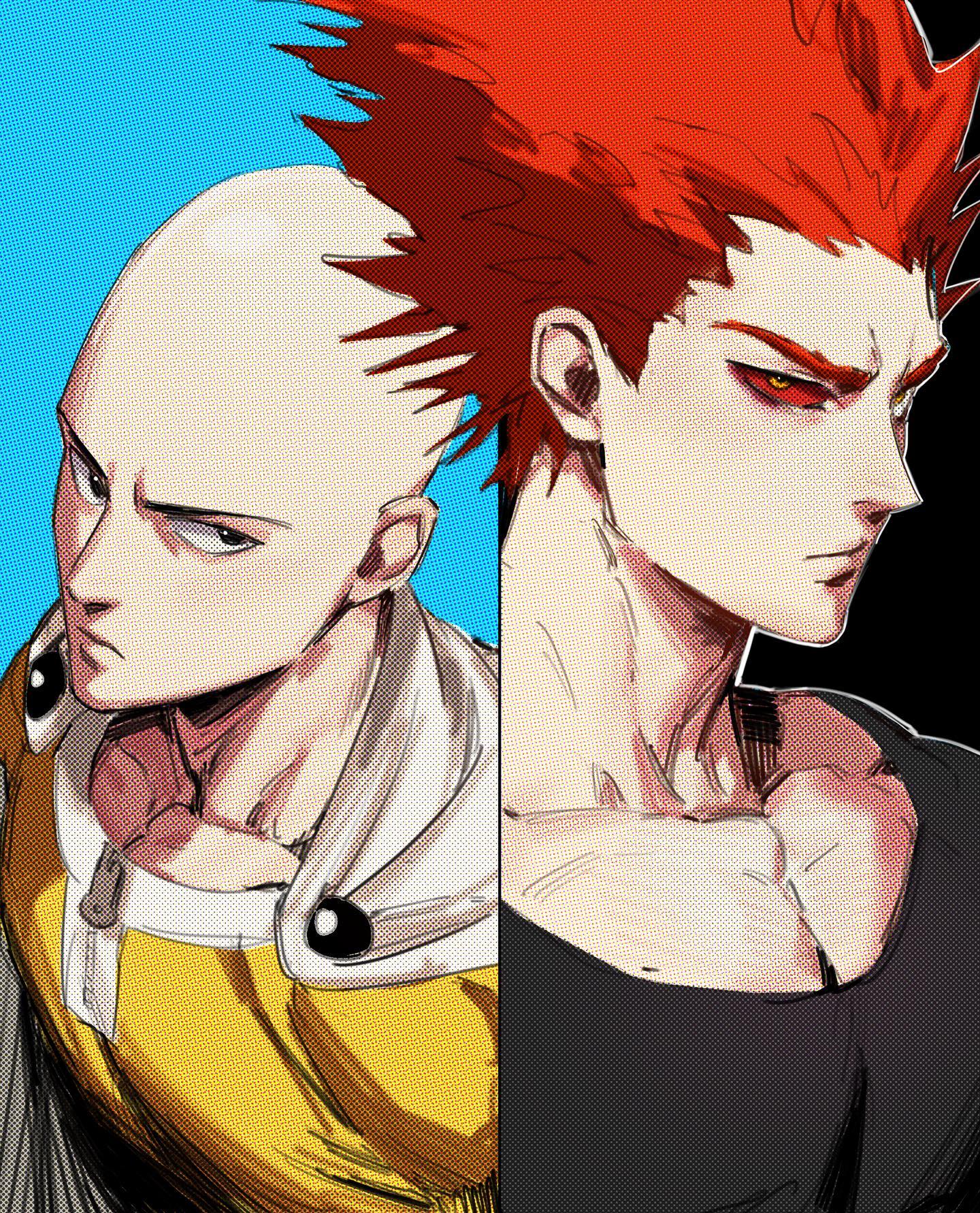 a stylized portrait featuring saitama and garou from one punch man. the illustration emphasizes their contrasting appearances and personalities. saitama, on the left, is depicted with his signature blank expression and simple hero costume. garou, on the right, exudes intensity with his fiery red hair, shadowed face, and muscular physique. the dynamic composition and sharp lighting create a sense of tension and anticipation.