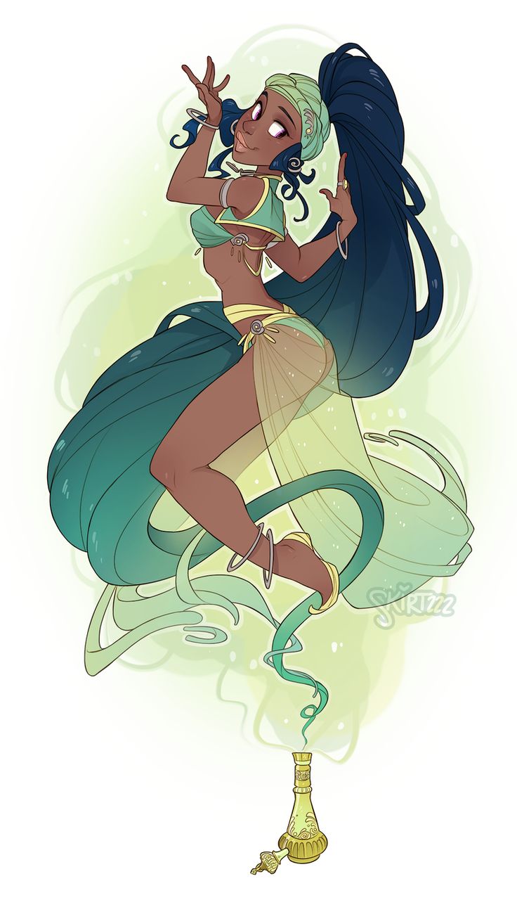 a beautiful, black woman, with long blue hair, is floating out of a golden lamp. she is surrounded by wispy smoke and has a green and gold outfit on.
