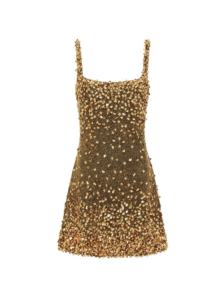 a short, sleeveless dress covered in gold sequins. the dress has a square neckline and spaghetti straps. the sequins create a shimmering effect.