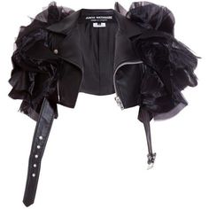 a closeup image of a black leather jacket with a ruffled collar made of black mesh. the jacket is designed by anna sui and is an example of women's fashion. the jacket is worn over a white shirt. the sleeves of the jacket are made of black mesh and are attached to the jacket at the shoulder. the collar is a black ruffle made of mesh. the jacket is a cropped style and has a zipper closure. the jacket is a classic example of anna sui's design aesthetic, which is known for its feminine and edgy style.