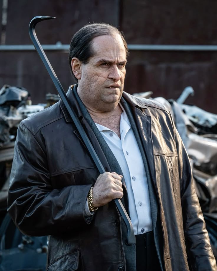 a film still featuring colin farrell as oswald cobblepot, also known as the penguin, standing in what appears to be a junkyard. he's wearing a dark brown leather jacket over a white shirt and a gray scarf. cobblepot is holding a black crowbar over his shoulder with his right hand, which has a gold bracelet on the wrist. he has prominent facial scarring and a serious expression. the background shows piles of wrecked vehicles and debris. it's from the tv series based on the batman (2022).