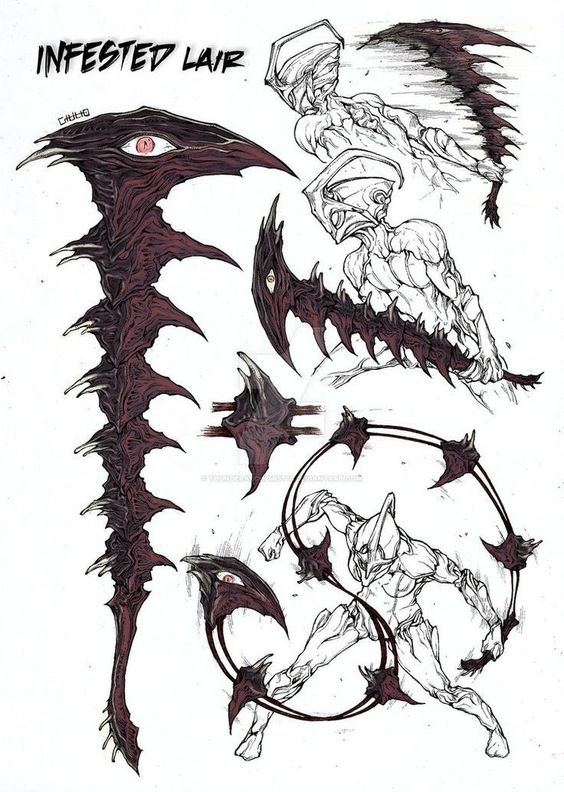 a detailed pencil sketch showcases a monstrous weapon concept called "infested lair." the weapon, primarily a large, grotesque scythe with an eye at its center, is depicted in various forms and alongside a humanoid figure, possibly its wielder. the scythe boasts a chilling, organic design with jagged blades, spiky protrusions, and tentaclelike extensions. smaller sketches illustrate its versatility, showing it transforming into multiple, interconnected blades wielded by the humanoid figure, who appears sleek and agile in contrast to the weapon's monstrous nature.