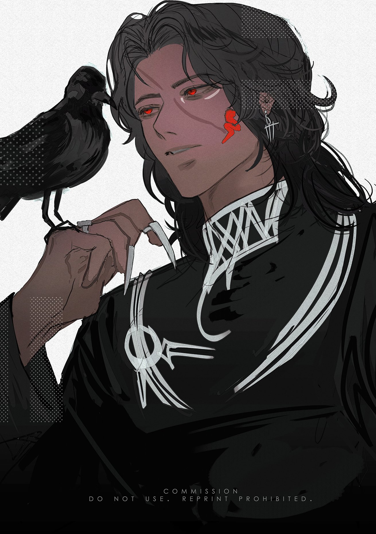 a closeup portrait of a young anime man with long black hair and red eyes. he's wearing a black outfit with white designs and long nails,  and is holding a crow in his right hand. he has an intense look on his face, and his lips are slightly parted in a smirk. the background is a white and black patterned background.