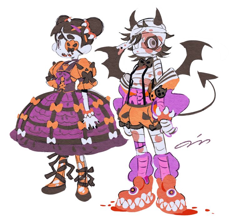 two cartoon girls are dressed up in halloween costumes. the girl on the left is wearing a purple dress with orange and white accents, she has a big black bow and her face looks like a pumpkin. the girl on the right is dressed in a black and white striped shirt, orange shorts with black and white accents. she has a bandage on her head and is wearing white socks with white bandage stripes, pink shoes with teeth on them and she also has devil horns and wings.