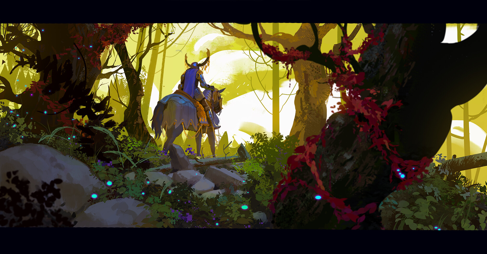 the image shows a knight in blue attire riding a horse through a magical forest. the scene is backlit by the setting sun, creating a warm, ethereal glow. lush foliage and glowing blue particles add to the magical atmosphere. the path ahead is shrouded in shadow, hinting at the unknown journey ahead.