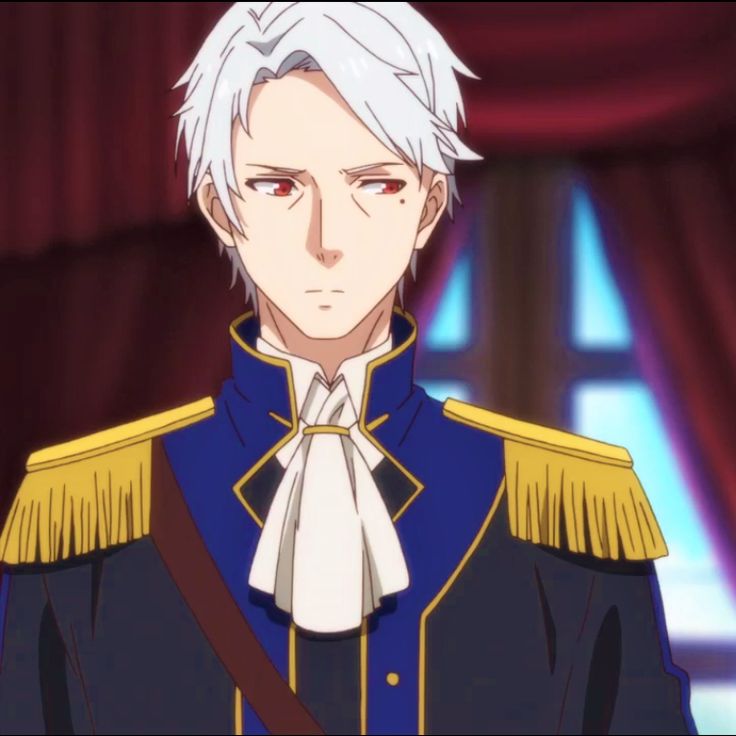 the image shows a young man with white hair and red eyes, wearing a blue jacket with gold trim, a white collar and a serious expression. he appears to be an anime character.