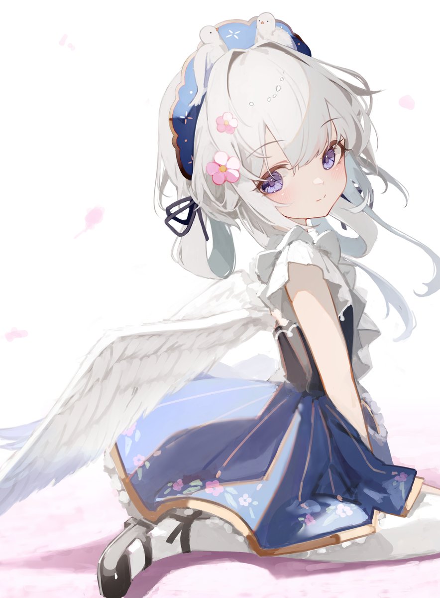 the image showcases a drawing of a young anime girl styled as an angel. she has flowing white hair with a blue and white headband adorned with bunny ears. her vibrant purple eyes shine with a gentle expression. the girl wears a lovely blue and white dress with floral accents, and large, feathery white wings sprout from her back. she poses gracefully, kneeling on a soft pink surface. the overall aesthetic is delicate, innocent, and infused with a soft color palette.
