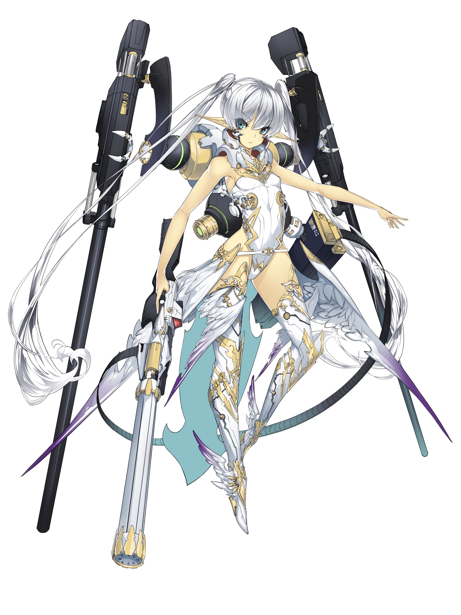 he image showcases a digital illustration of a young, animestyle girl with long flowing white hair. she's adorned in an intricate white and gold outfit that resembles a blend of futuristic armor and a flowing dress, highlighting a fantastical aesthetic.  she's equipped with two large, sleek black and silver guns, suggesting a combatready persona. the illustration is set against a plain white background, putting the focus entirely on the character.