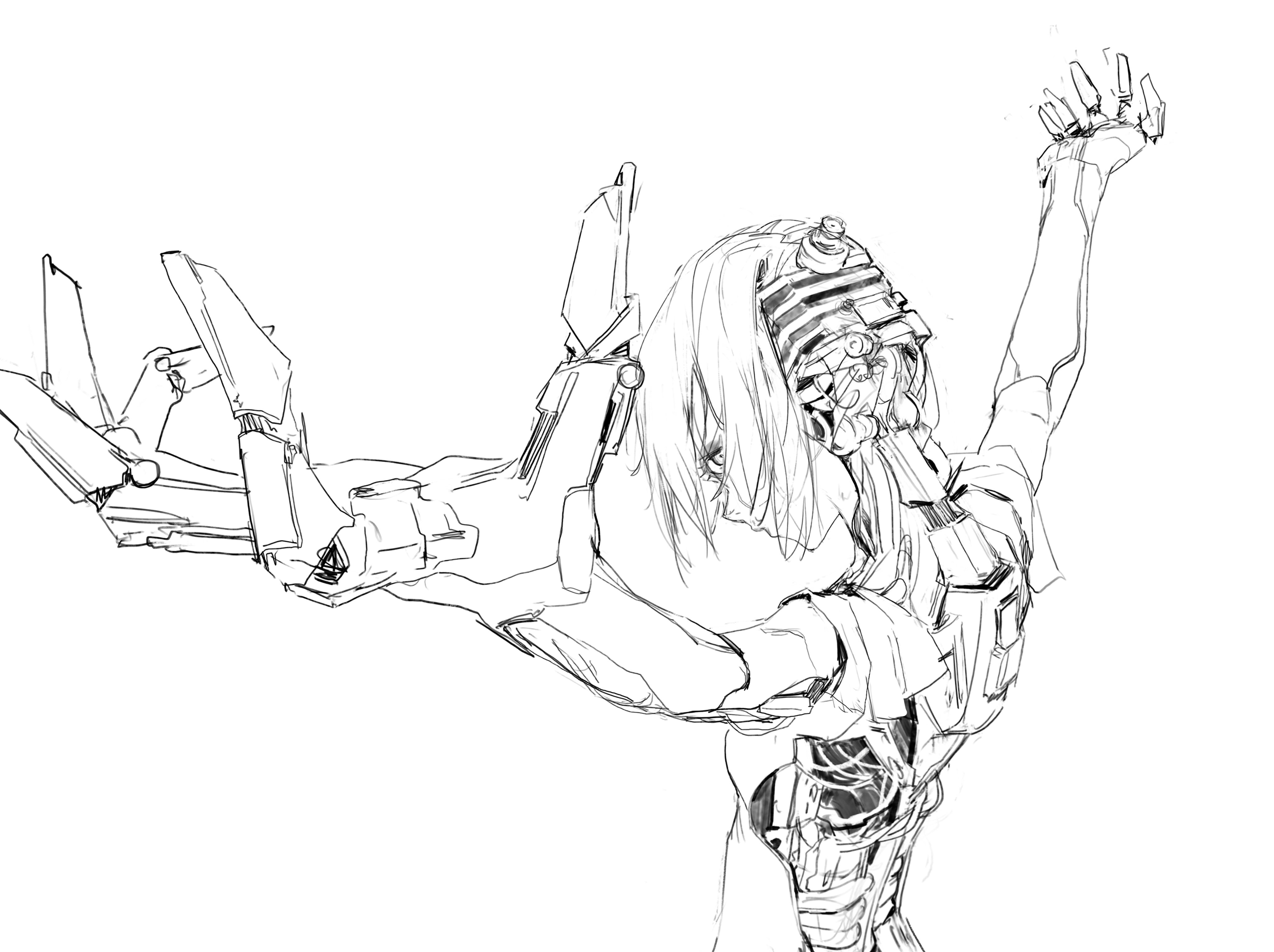 a sketch of a cyborg woman, drawn in black and white, with a futuristic, scifi style. the cyborg is partially mechanical, with metal limbs and a helmetlike head. the drawing shows a lot of detail in the cyborg's anatomy and technology.