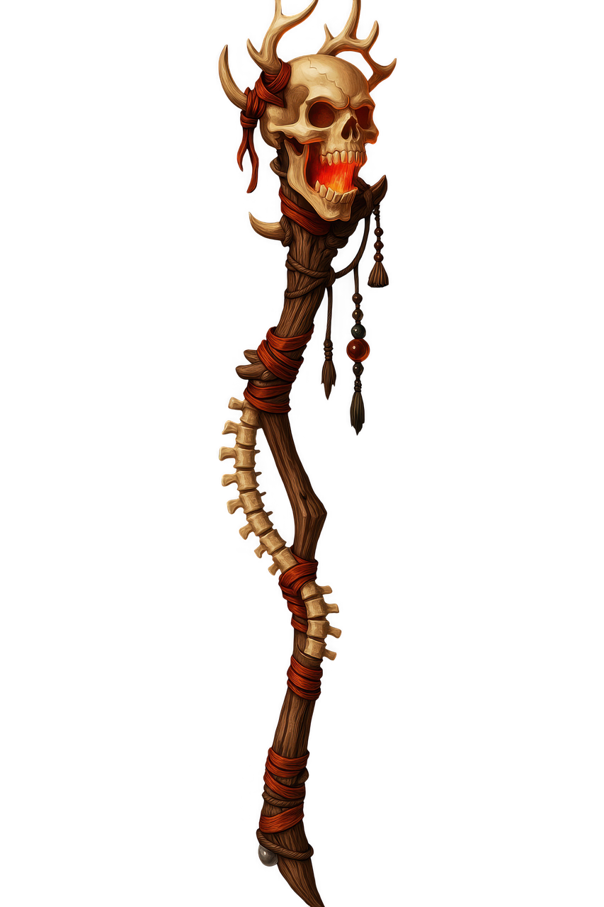 an ominous staff made of wood with a skull at the top, adorned with antlers, red fabric wrappings, a spinal column, and beads. the skull's mouth glows with an eerie red light.