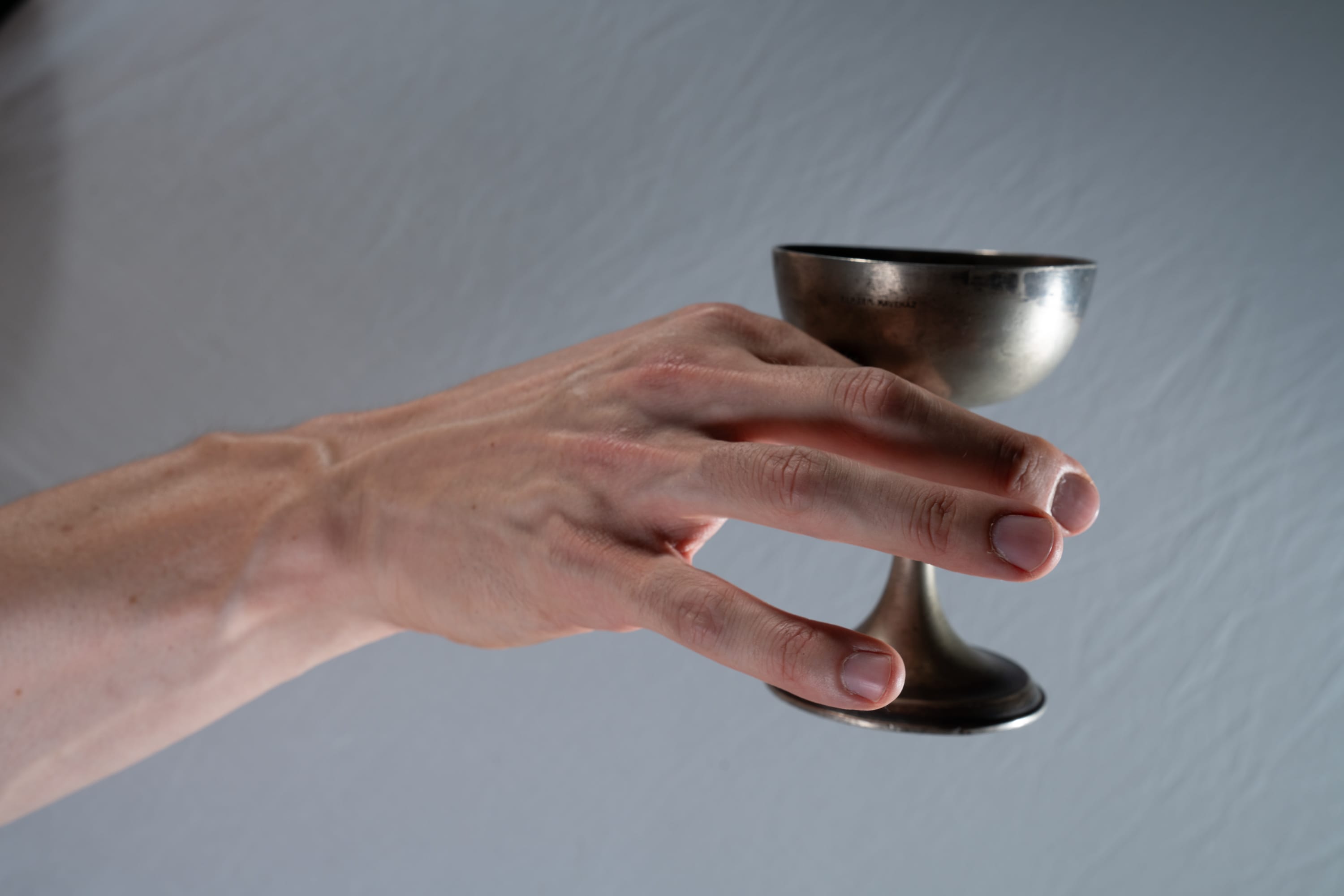 a fairskinned hand extends from the left side of the image and delicately grasps a gleaming silver chalice. the chalice features a shallow bowl and a slender stem that widens into a circular base. the hand's prominent veins and the subtle texture of the chalice's surface hint at a story of age and experience. the soft, natural lighting casts gentle shadows, enhancing the threedimensionality of the scene.  the neutral background focuses attention on the hand and the chalice, emphasizing the elegant simplicity of the composition.