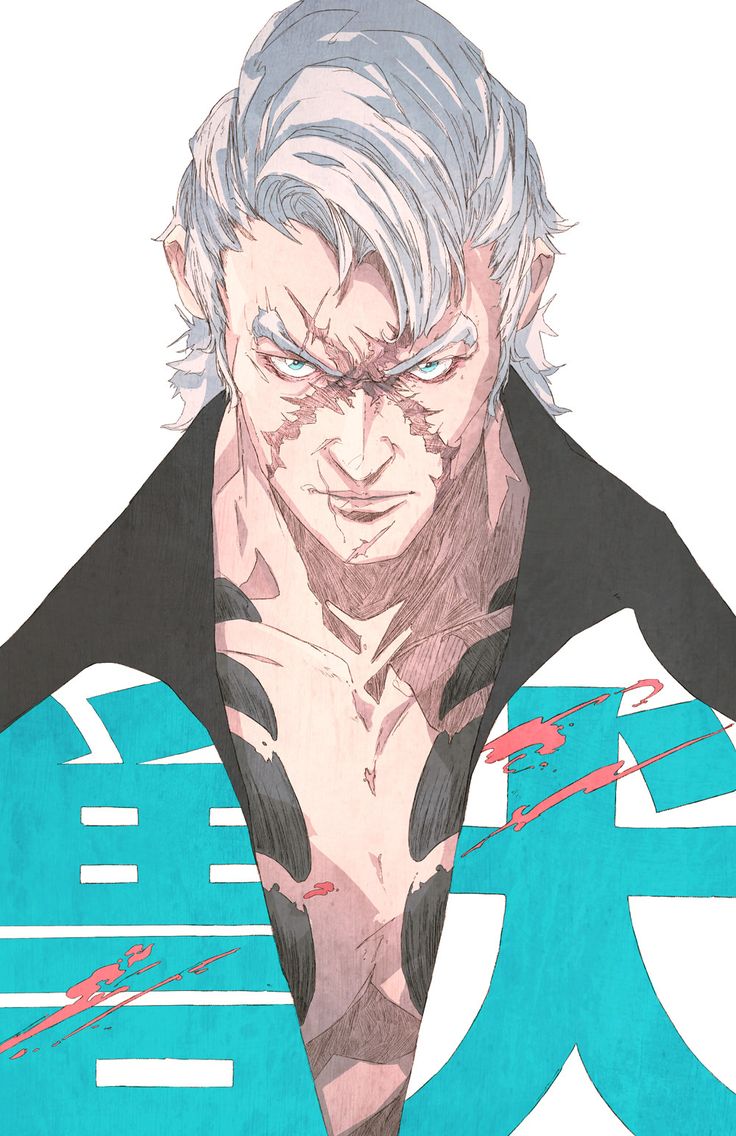 an anime/manga style portrait of a male character with white hair, wearing a black jacket over a blue shirt with red stripes. he has scars on his face and a serious, intense expression. the character appears to be in a state of anger. the image is drawn in a realistic style with detailed linework and shading.