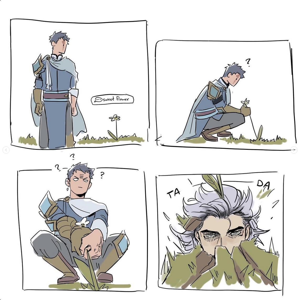 the comic shows a man finding a flower labeled "sweet flower."  he seems confused. in the next panel, another man is shown looking distraught and hiding as he watches the first man pick the flower. the first man appears to be about to destroy the flower, causing the hidden man to react with distress.