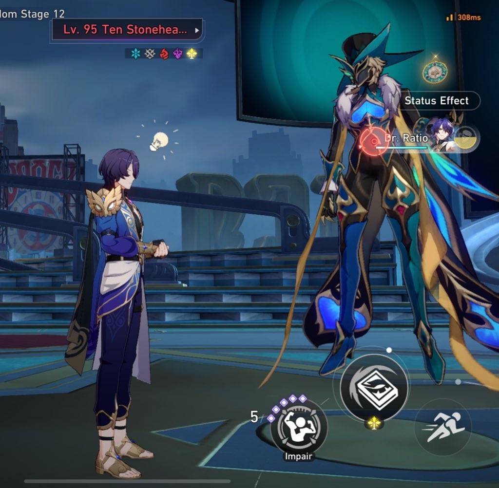 a screenshot from a mobile game, possibly genshin impact or honkai: star rail, depicting a battle scene.  the player's character, a male with blue and gold attire, stands facing a large, imposing boss enemy named "dr. ratio," who is adorned in elaborate blue and gold armor with butterflylike wings. the scene is set in a futuristic, stylized environment with a stadiumlike background.  the game ui displays status effects, the boss's level, and the stage number.  the player appears to be contemplating their next move.