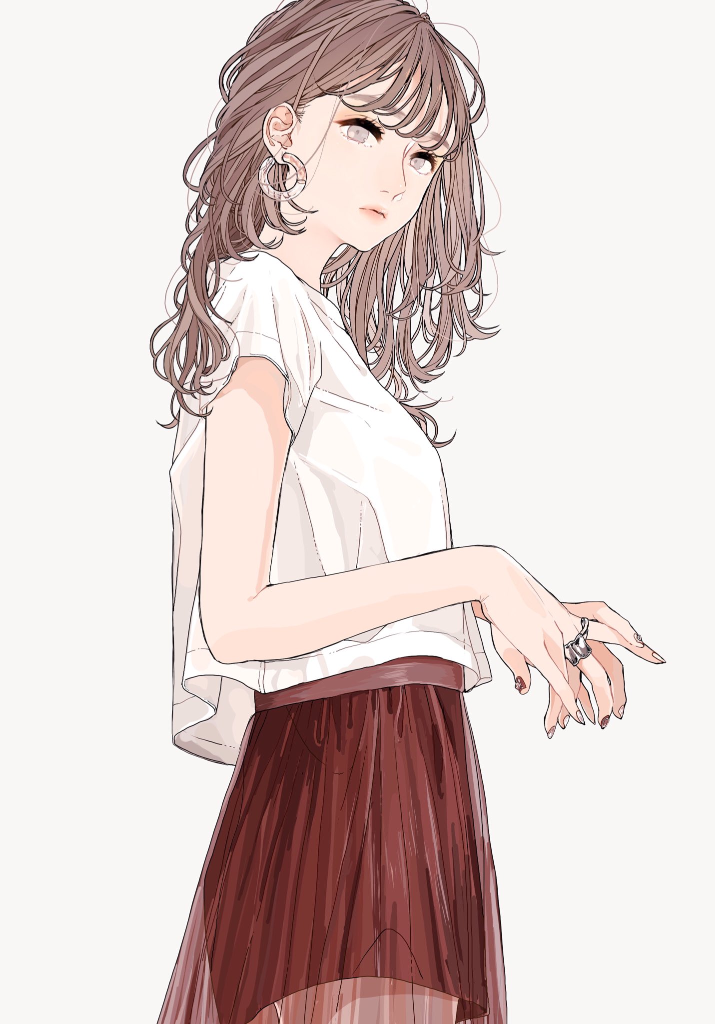 a fullbody portrait of a girl, drawn in an anime style, with light brown, curly hair that falls to her shoulders and bangs that partially cover her forehead. she has fair skin and is looking slightly down. she is wearing a white tshirt and a brown skirt, along with a ring on her right hand and hoop earrings. the background is plain.