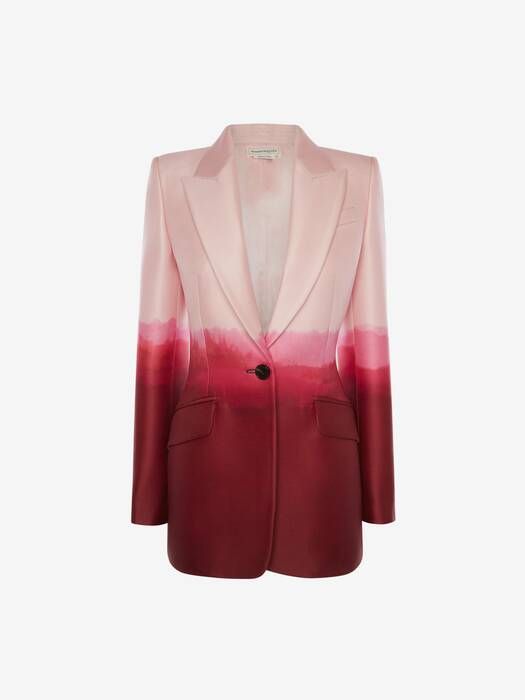 a pink and red gradient blazer on a white background. the blazer has a single button closure and two pockets. the top of the blazer is light pink, gradually transitioning to a darker red towards the bottom.