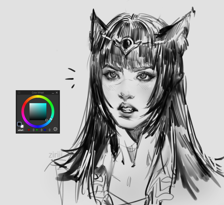 the image showcases a digital sketch or painting of a young woman's portrait. she has long, straight black hair styled with a blunt cut, adorned with catlike ears and a headband or headdress with a central gemstone. her expression is serious or slightly displeased. the style leans towards anime or manga aesthetics.  in the upper left corner, a digital color wheel tool is visible, suggesting this is a work in progress. the overall art is in grayscale, utilizing various shades of gray to create depth and form. the artist's signature or username "ziriii" is subtly present in the lower left area. the image provides a glimpse into the digital art creation process.