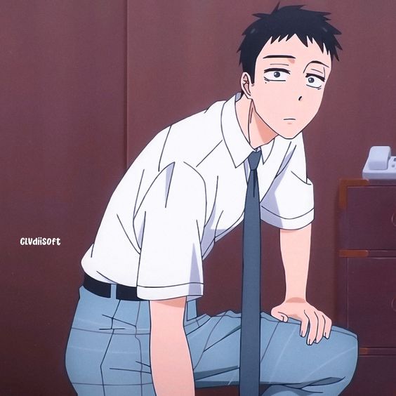 the image shows a young man with short black hair and a tired expression. he's wearing a white dress shirt, blue plaid pants and a dark tie, suggesting he is an office worker. he is crouched down slightly, with one hand on the floor and the other on his knee. he appears bored or unamused. the setting appears to be an office, with a filing cabinet visible in the background. the overall color palette is soft and muted.