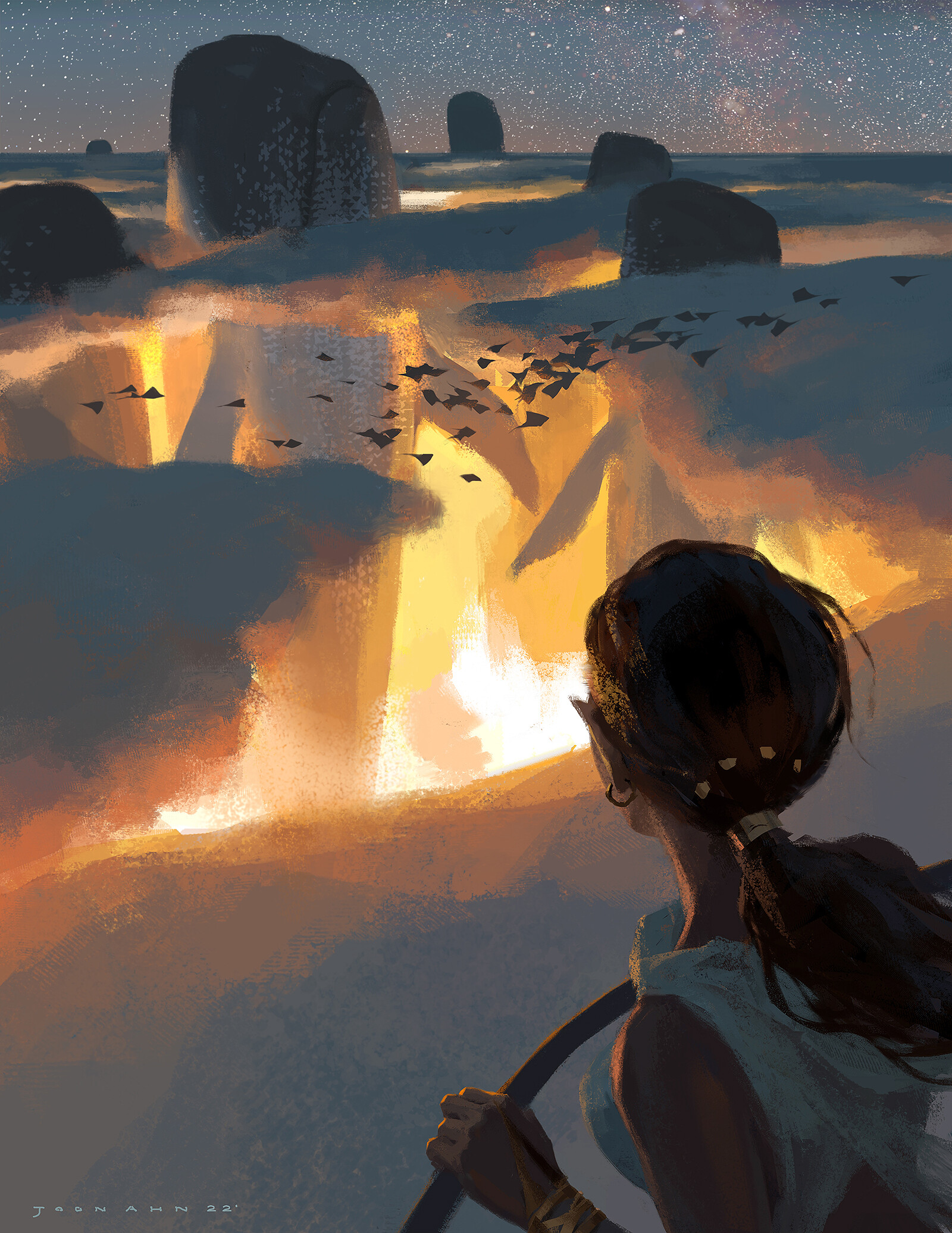 he image showcases a woman with her back to the viewer, gazing out over a vast desert landscape at night. large rock formations dot the scene, some rising high above a sea of fog illuminated from beneath by fiery crevices in the earth. birds fly in formation through the smoky air, their silhouettes stark against the warm glow. the woman, adorned in simple clothing and holding a staff, appears dwarfed by the immensity of the scene, hinting at a journey or an adventure about to unfold. the color palette is warm, dominated by oranges and browns, creating a sense of mystery and wonder.
