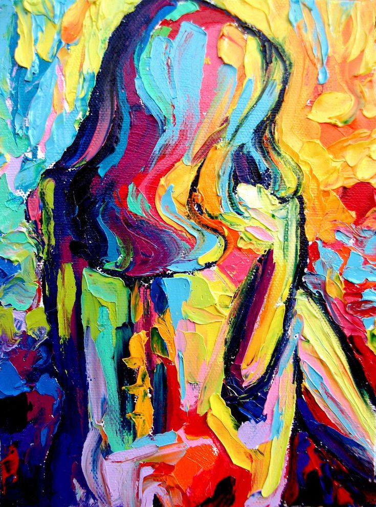 this is an abstract painting that is bursting with color and energy. it features a vibrant palette of yellows, reds, blues, greens, and purples, all blended and layered together to create a dynamic and expressive composition. the painting is characterized by bold brushstrokes, impasto, and a textured surface. it feels energetic and dynamic, with the abstract forms and shapes appearing to move and swirl across the canvas. the subject matter is unclear but could be interpreted as an abstract human figure, a face, or even a portrait.  the artist's focus is on the emotional and visual impact of the painting rather than on depicting a specific scene or object. this abstract painting is a powerful and captivating work of art that is sure to spark the imagination and create a sense of wonder.