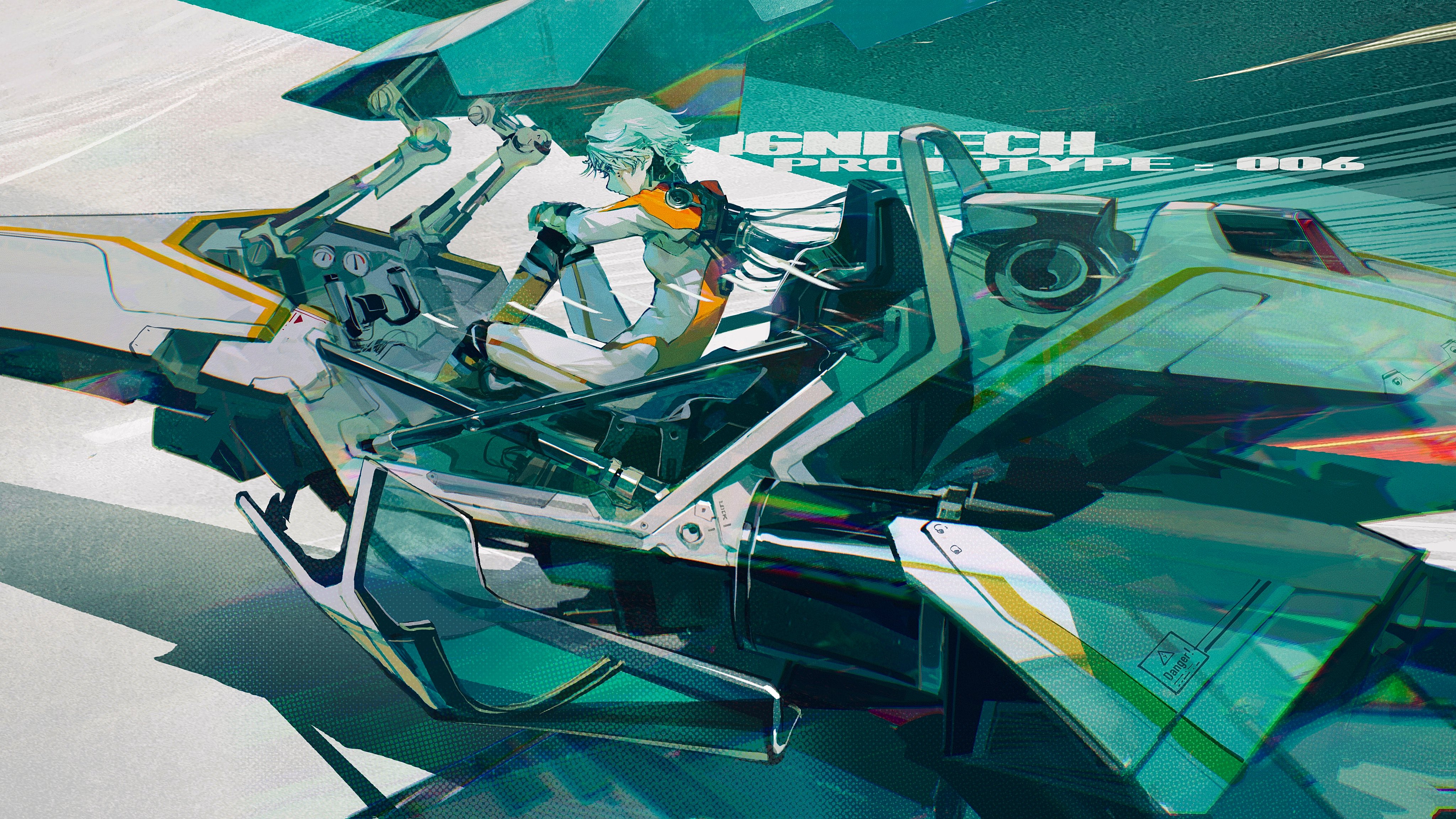 a whitehaired female character with an orange and white suit, in a futuristic vehicle. the vehicle is mostly teal, black, and white, with yellow accents. the pilot is seated in the open cockpit of the vehicle. the vehicle is shown in motion, with a blurred background suggesting speed. the image is a digital illustration with a stylized, graphic aesthetic.