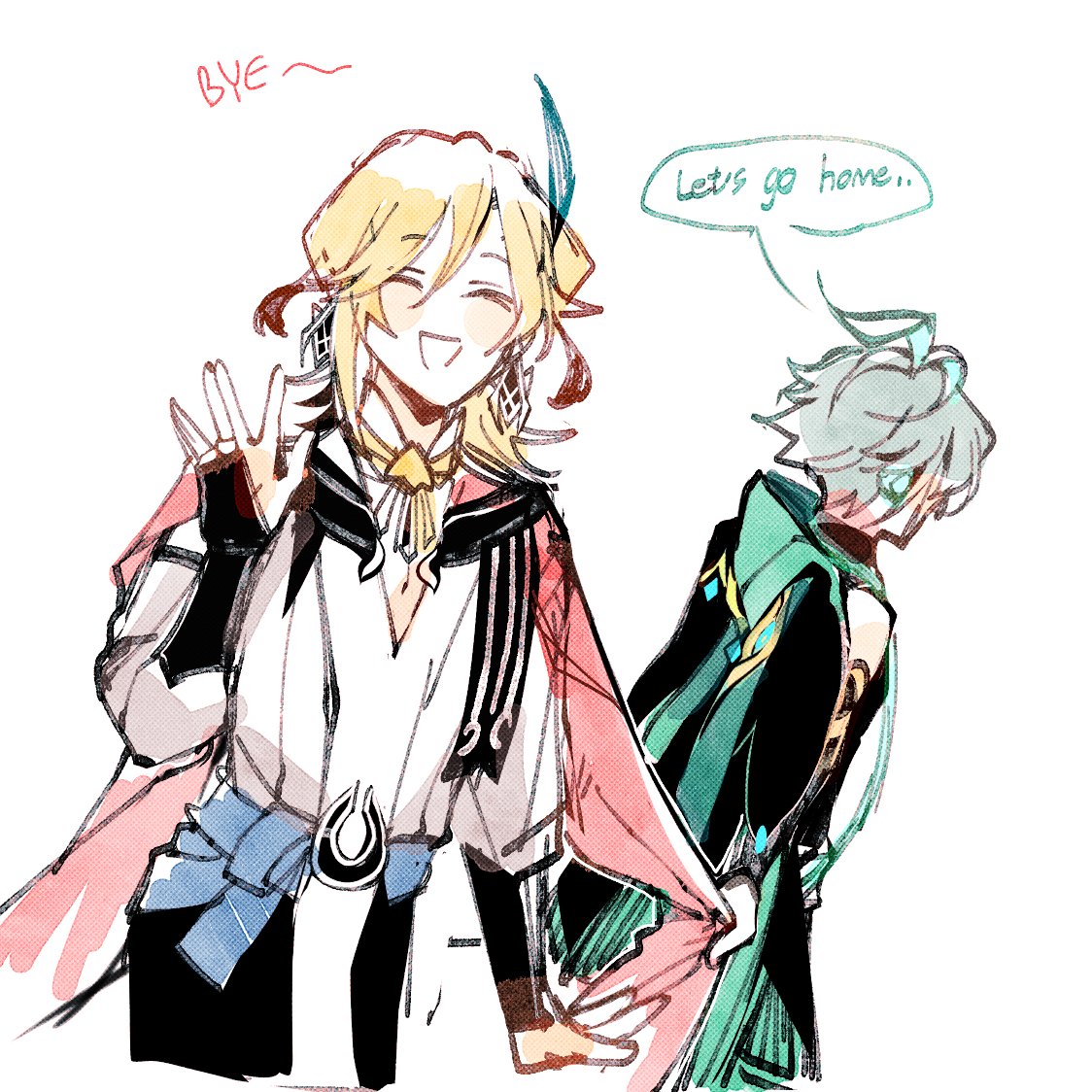 this is a digital art illustration of two anime male characters saying goodbye. the one in the forefront is waving and smiling while the other one is walking away. the first character has blonde hair and is wearing a white shirt with black pants. the second character has green hair and is wearing a green jacket over a black shirt. the background is white with a speech bubble that says "let's go home..."  the art style is very loose and sketchy.