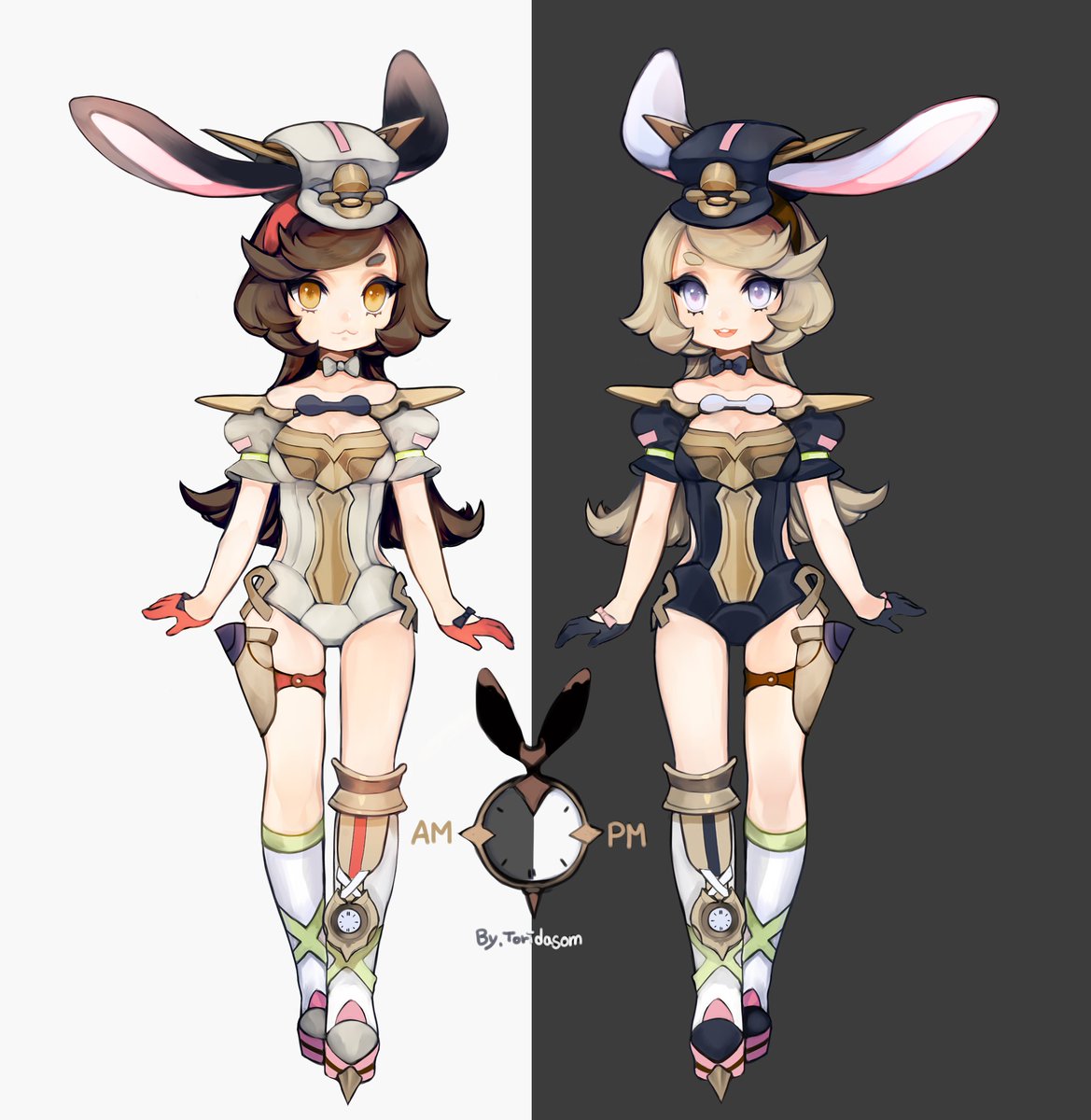 the image showcases two female characters with a striking resemblance, possibly twins, highlighting contrasting outfits based on a "day and night" or "am/pm" theme.  they sport bunnyinspired attire, featuring rabbit ears incorporated into their headwear. the left character embodies a light, "am" aesthetic with a white and gold bodysuit, while the right character reflects a "pm" vibe with a black and gold version of the same outfit. their poses are identical, emphasizing the comparison between the two color schemes. the background is split, with white behind the "am" character and black behind the "pm" character, further emphasizing the light/dark contrast.