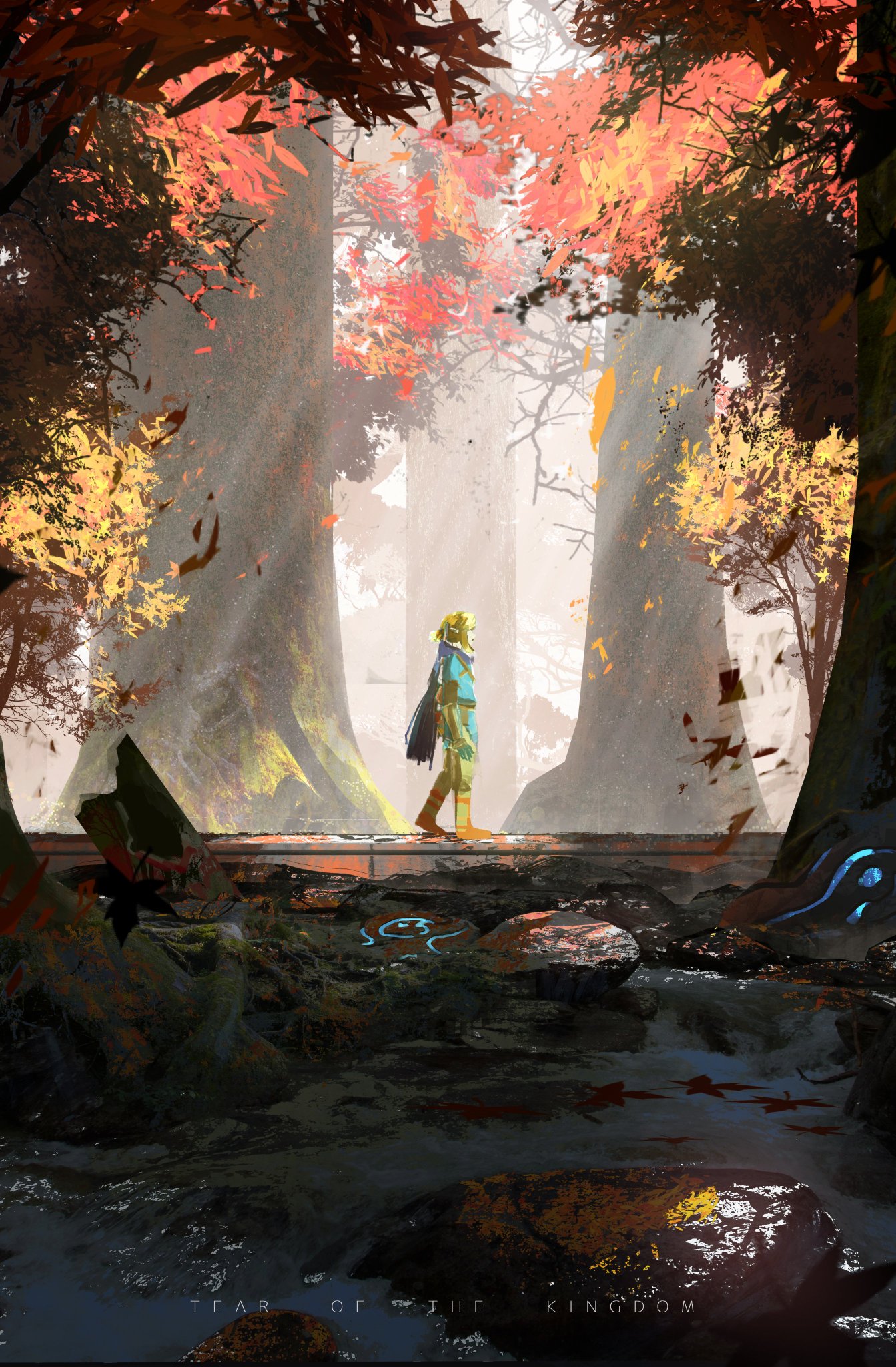 the image depicts link, the protagonist from the legend of zelda video game series, standing on a ruined stone path within a sundrenched forest.  he's facing away from the viewer, looking deeper into the woods with his back to us.  two large trees frame him with their vibrant autumn leaves catching the light.  a stream flows across the bottom third of the image, winding through the forest floor and mossy rocks.  the scene evokes a sense of peaceful adventure and hints at a journey ahead.