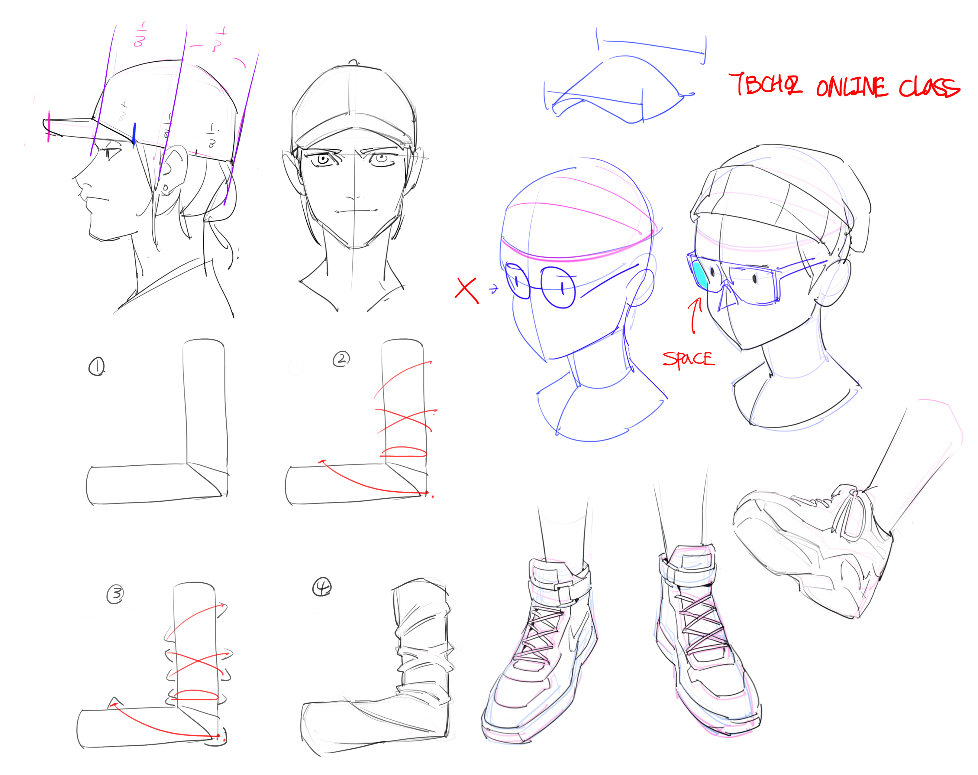 the image is a comprehensive drawing tutorial focusing on several aspects of character design and illustration. it features stepbystep instructions on drawing a head wearing a baseball cap from different angles, illustrating how to consider volume and space for accessories like glasses.  there are also detailed steps for drawing sneakers, showing the process of creating 3d form and fabric folds for the footwear. the tutorial uses light sketches and annotations to guide the viewer. the style is relatively loose and expressive, typical of a design or concept sketch.  the top right corner indicates that it's part of an online class from "tbchoz."