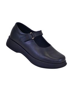 a single black leather mary jane shoe is displayed on a white background. the shoe has a rounded toe, a buckled strap across the instep, and a low heel.