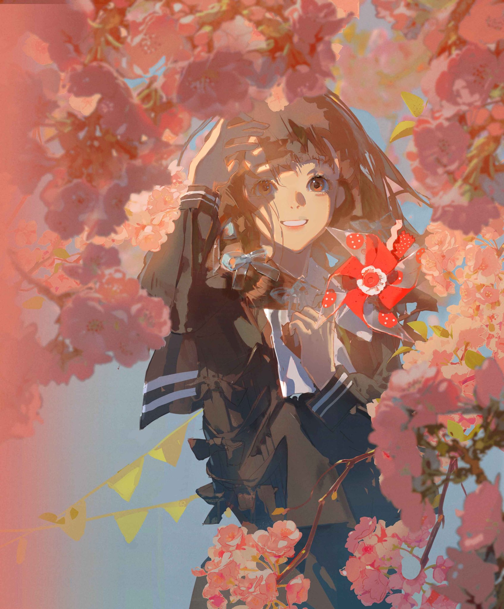 a young anime girl with long brown hair is smiling happily as she looks at a pinwheel. she is wearing a black sailor uniform with white trim and is standing among a cluster of pink cherry blossoms. the image is set against a light blue sky with a few yellow flags fluttering in the background. the artwork has a soft and dreamy aesthetic.