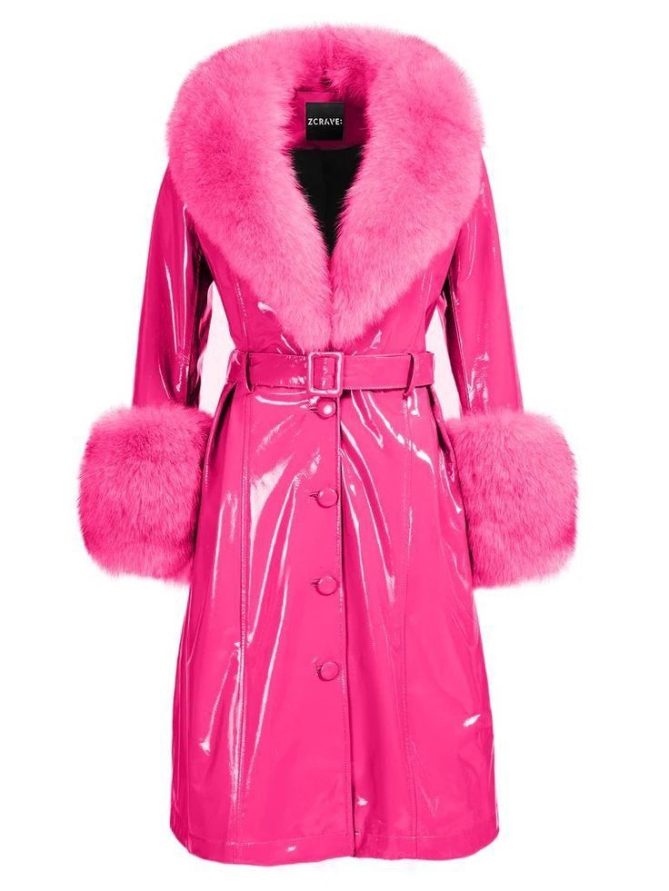 a pink patent leather coat with pink faux fur trim around the collar and cuffs. the coat has a matching belt and three buttons down the front. the brand "zcrave" is visible on a label inside the collar. the coat appears to be a statement piece with a vibrant and eyecatching design.