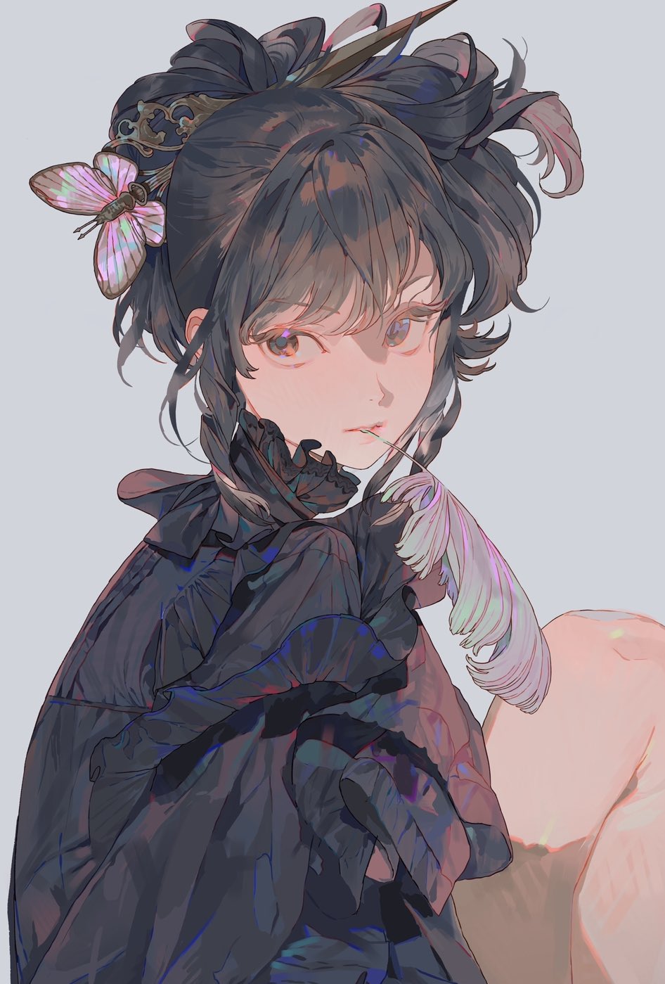 an animestyle illustration depicts a young woman with short, dark hair styled in an elaborate updo adorned with a butterfly clip and an ornate hair ornament. she has fair skin, a slightly blushing complexion, and is wearing a black dress with ruffled detailing. a feather is positioned near her face. the artwork features soft, iridescent lighting and a pensive mood.