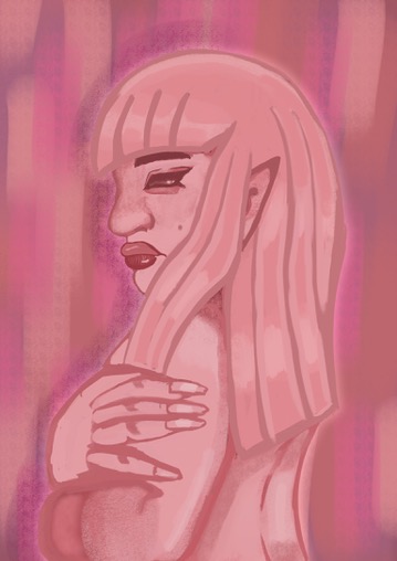 the image is a digital illustration of a woman with long, straight pink hair styled with blunt bangs. she has a pale complexion and appears to have slightly pointed elflike ears. the woman is depicted from the side, her gaze directed away from the viewer.  her hands are gently resting on her shoulder, conveying a sense of selfcontainment or introspection. the overall color palette is monochromatic, varying shades of pink, creating a soft and dreamy mood. the background features blurred vertical pink strokes, adding to the ethereal and slightly abstract quality of the artwork. the style is stylized and painterly, avoiding sharp lines or details for a more fluid look.