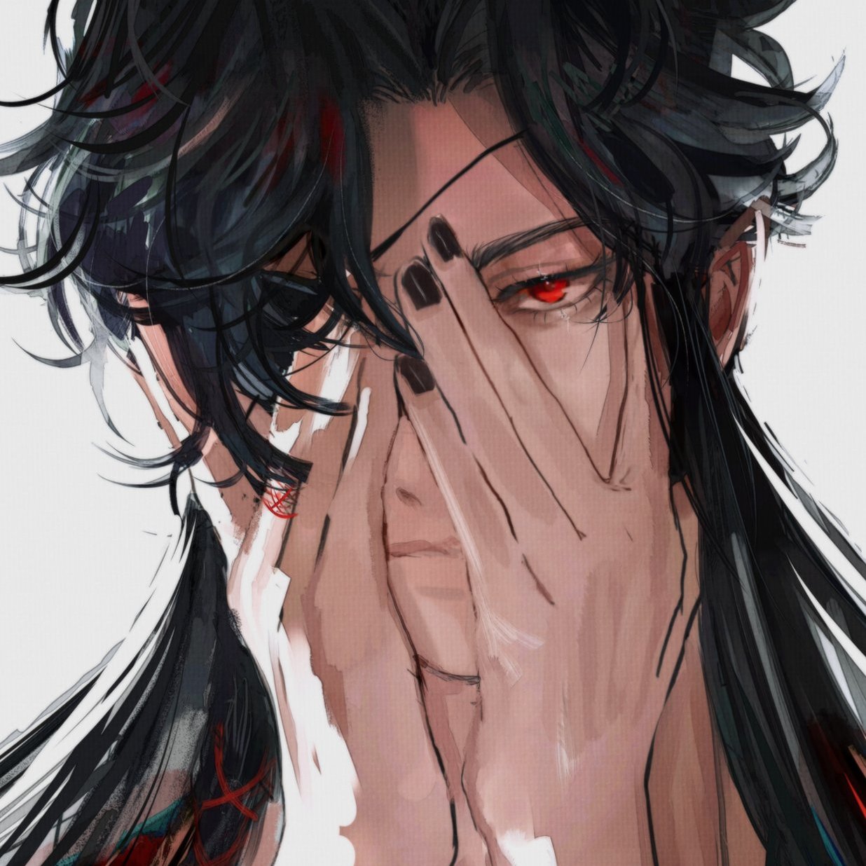 a drawing of an anime character, a young man with long black hair and red eyes, covering one eye with his hand. he is looking down, with a sad expression. the image is drawn in a digital style. the background is a simple white.