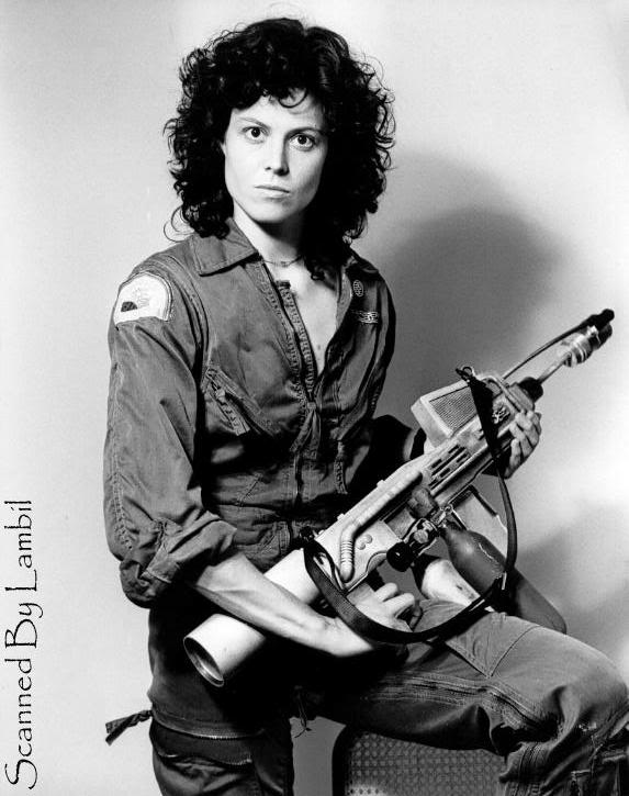 a black and white portrait of sigourney weaver as ellen ripley from the 1979 film alien. ripley is holding a futuristic weapon in her hands. she is dressed in a jumpsuit and has a serious expression on her face.