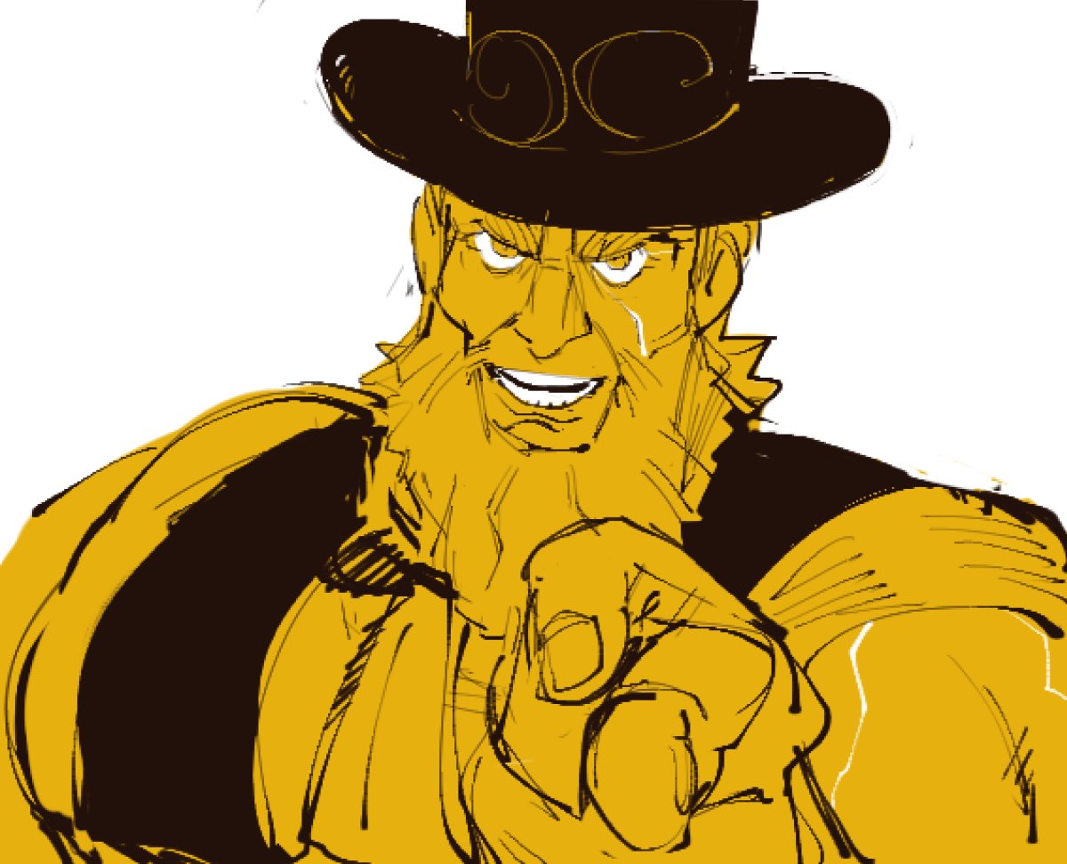 this is a cartoon illustration of a man with a beard and mustache. he is wearing a hat and pointing with his finger. he has a big smile on his face. the image is drawn in a sketch style. the man's face and his hand are a bright yellow, while the rest of the illustration is black and white.