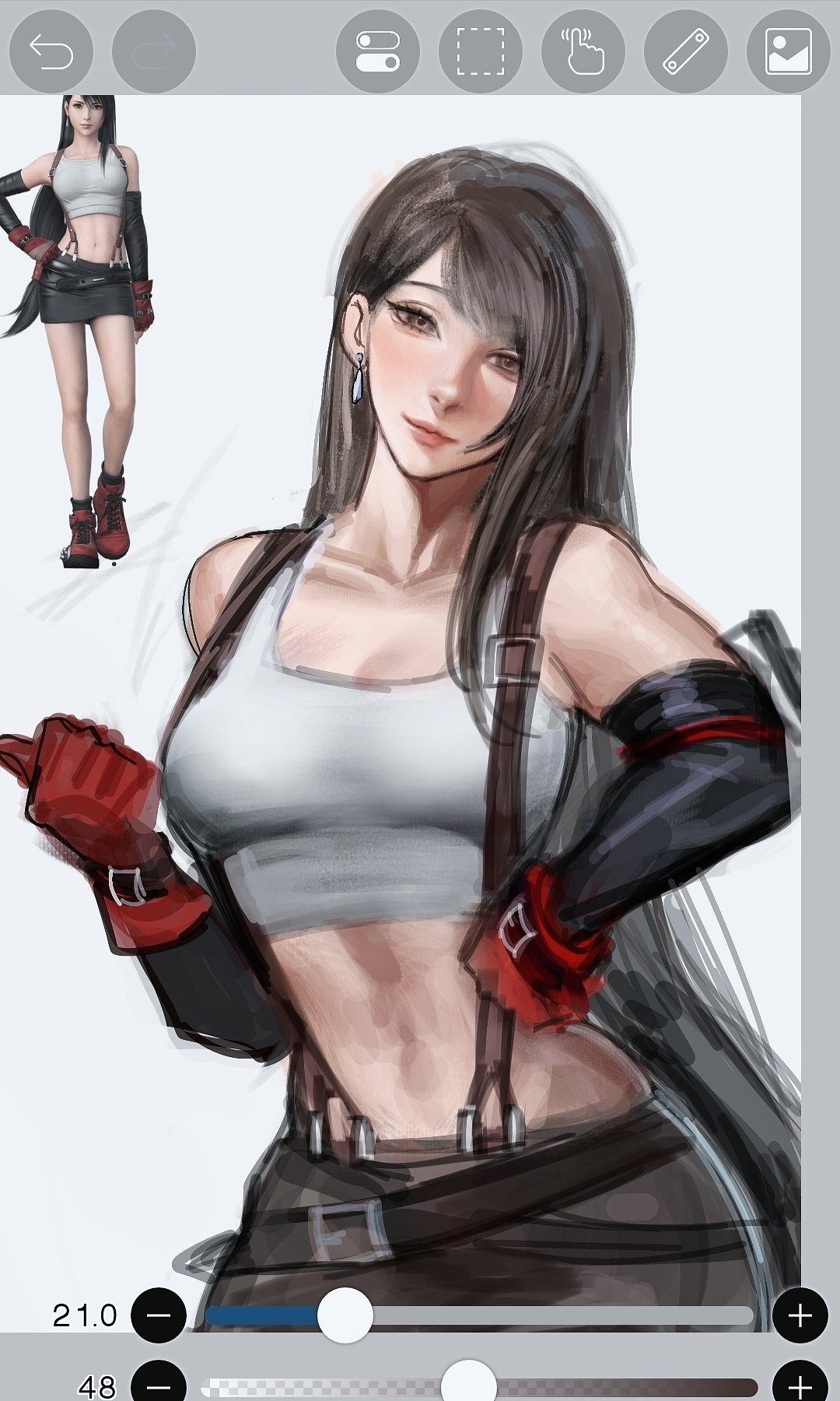 the image shows a digital painting in progress of tifa lockhart from final fantasy vii.  the artwork is in a style that blends anime and manga aesthetics. the main focus is a closeup of tifa's upper body, showcasing her characteristic outfit. a smaller, fully rendered image of tifa is visible in the upper left corner, seemingly serving as a reference. the digital art interface is also shown, including tools, sliders for opacity, and brush size adjustment. the overall impression is of an artist working on a piece of fan art.