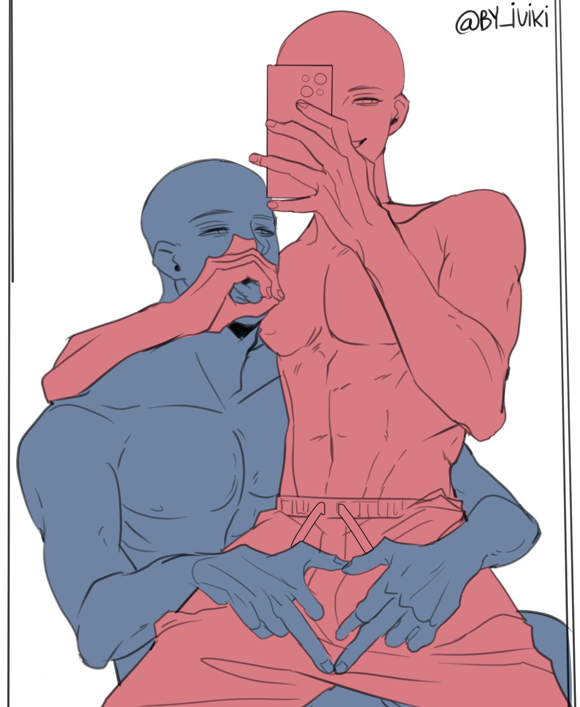 this is a drawing of two men hugging and posing for a selfie. they are both in a romantic embrace. the man on the left is holding the other man's hand as they smile and take a selfie.